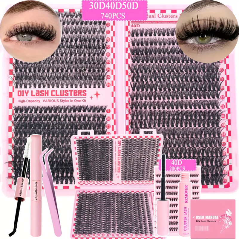 Lash Extension Tweezers - 740/200pcsCluster Wimperverlengingsset, 2-in-1 Lash Bond, Pincet,